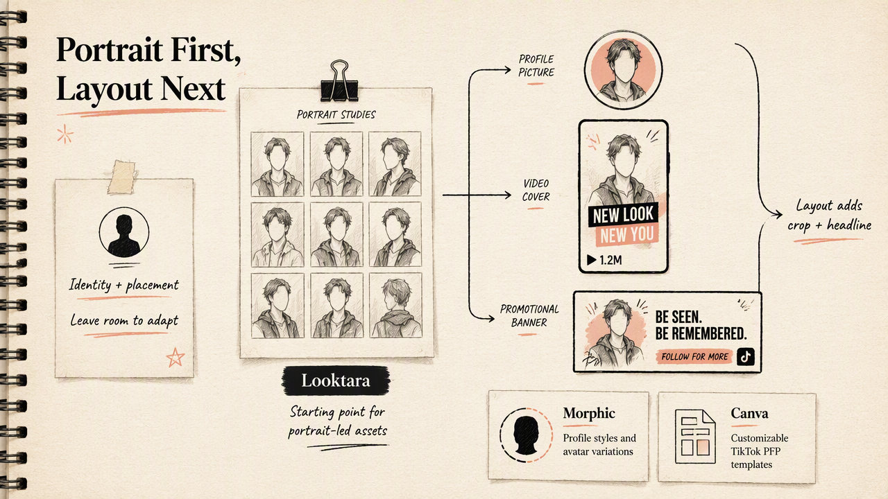 Annotated workflow connecting Looktara portrait imagery to adaptable TikTok profile, cover, and banner layouts.