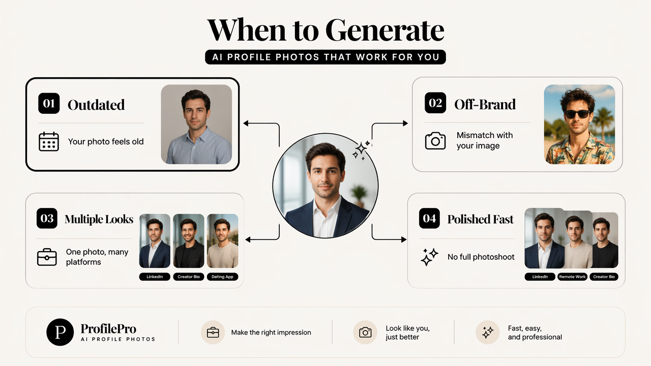 Infographic showing when an AI profile photo generator is the right choice for different profile needs.