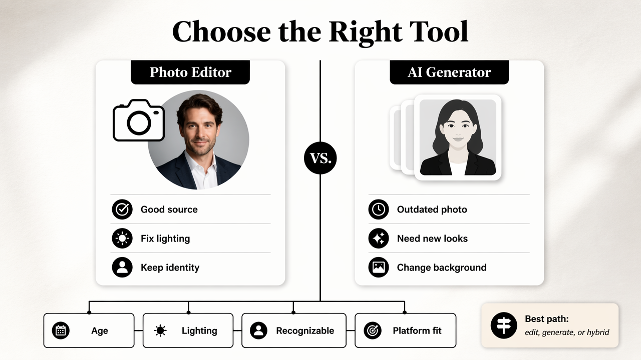 Decision table comparing AI photo generator and photo editor for profile photo needs.