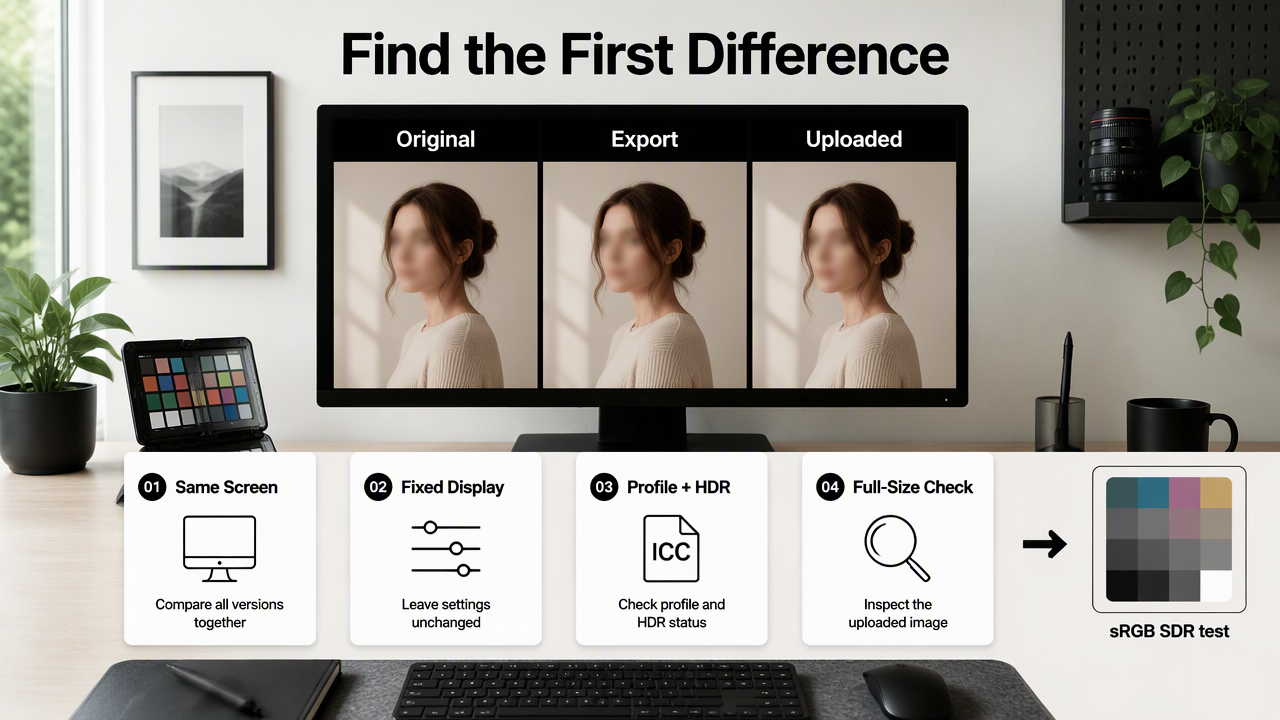 Diagram comparing original, exported, and uploaded portraits to locate color shifts and test an sRGB SDR copy.