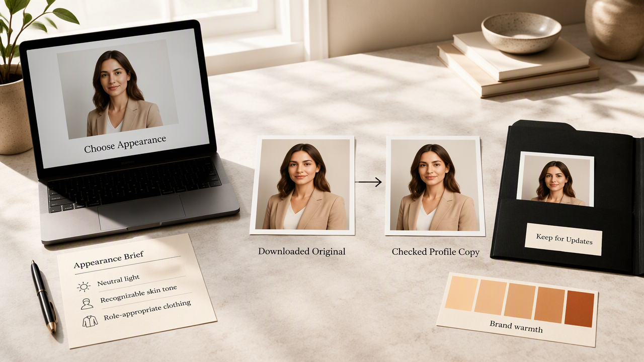 Portrait workflow showing an appearance brief, retained original, checked profile copy, and saved reference for future updates.