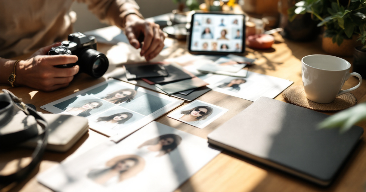 Hands organizing portrait references, swatches, and camera gear for branded AI headshot planning