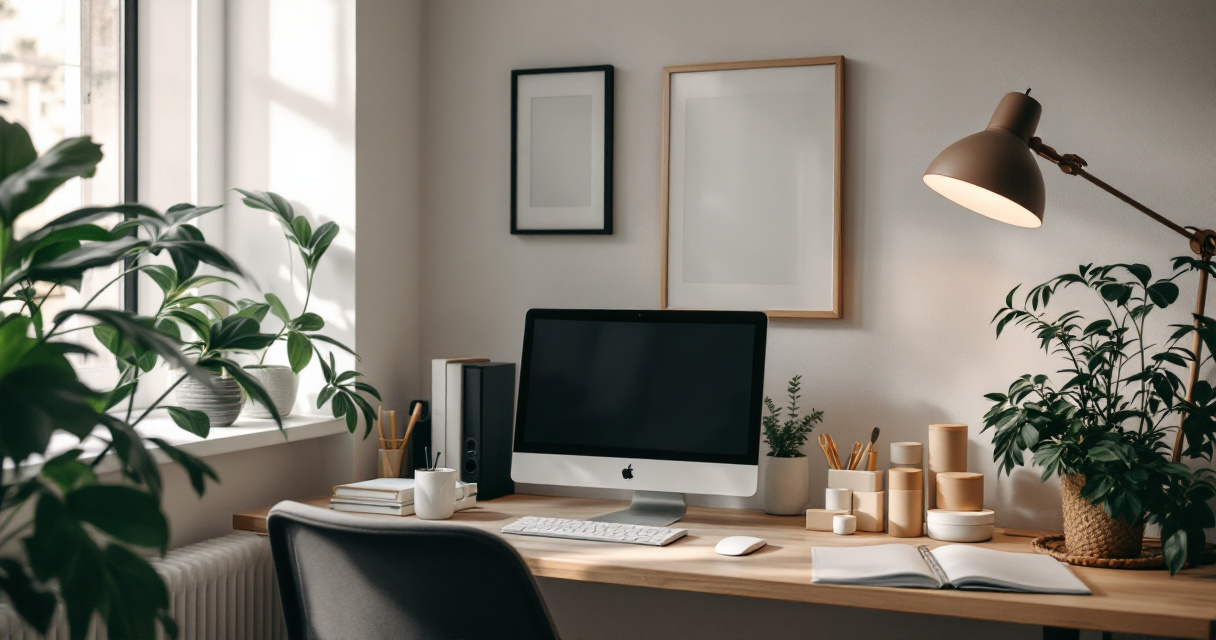Consistent branded portrait reused across devices, print, and product mockups in a creative workspace