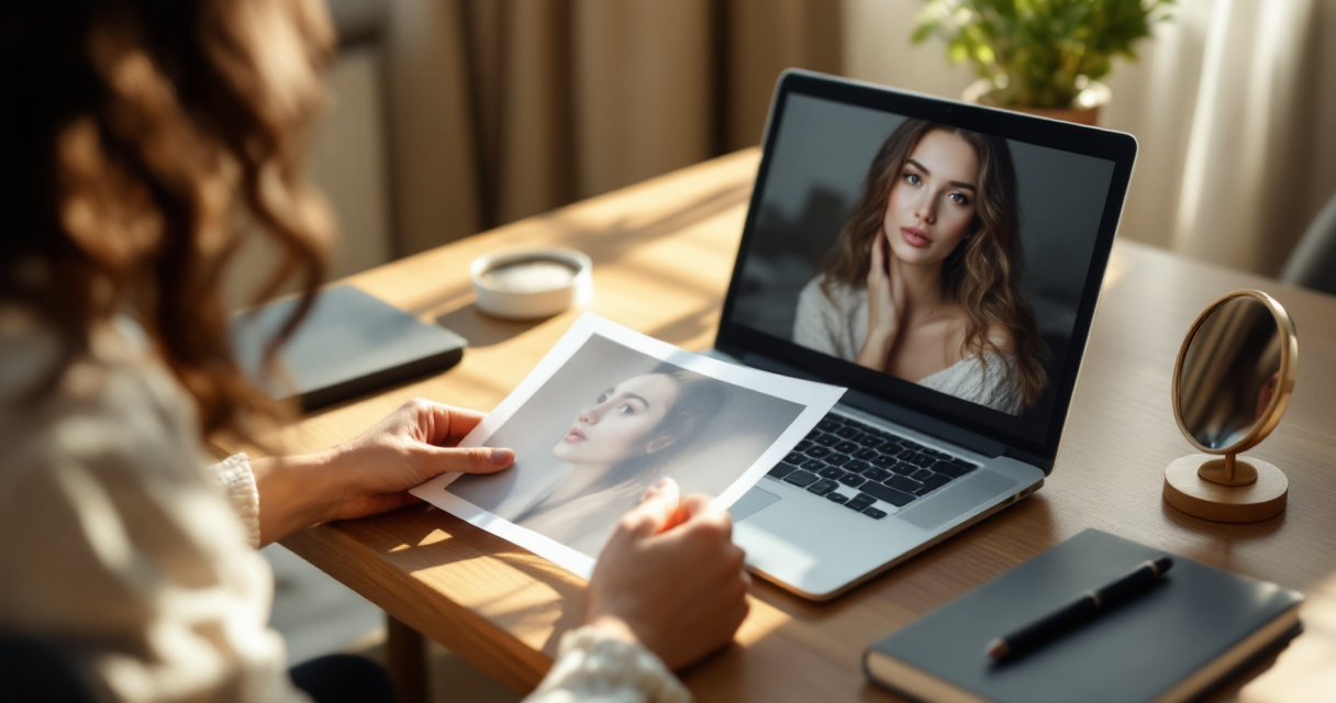 Hands reviewing natural AI portrait proofs to avoid an uncanny polished appearance