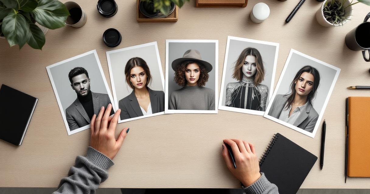 Five different AI portrait style prints compared on a studio desk for website branding