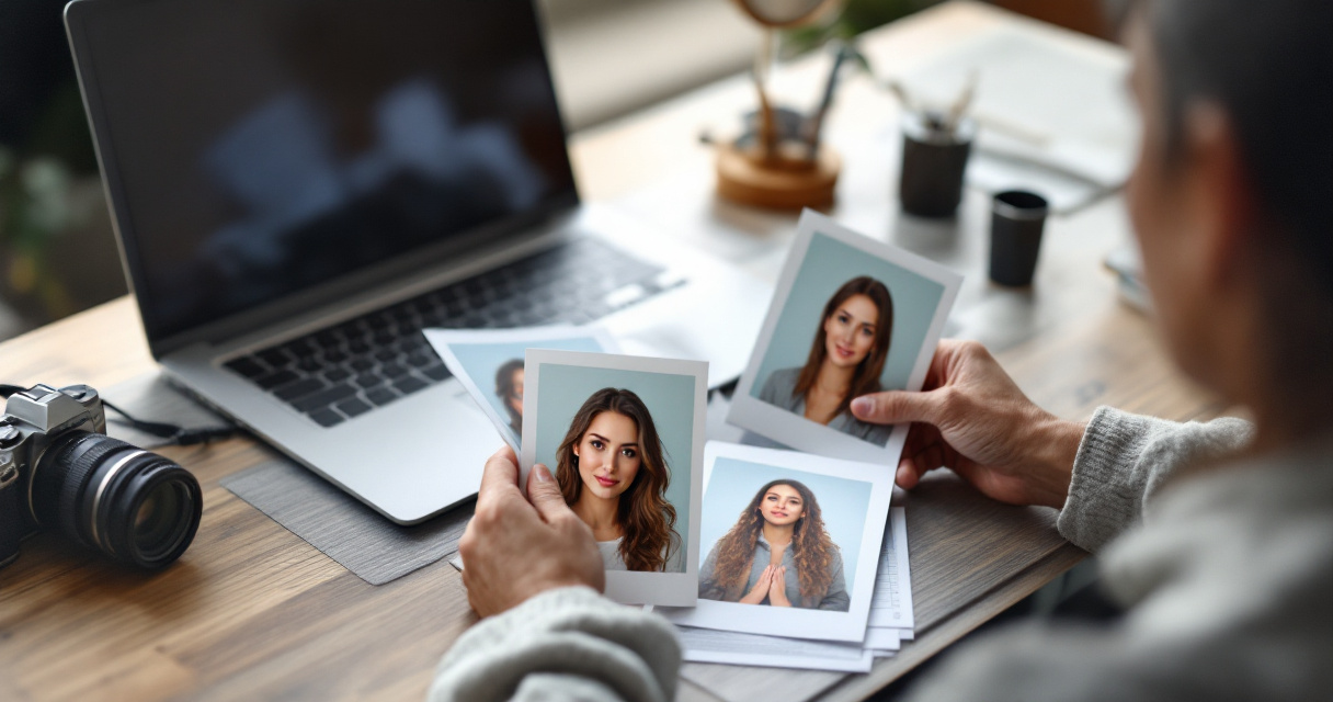 Hands reviewing flawed AI portraits beside a laptop in a trust-focused workspace