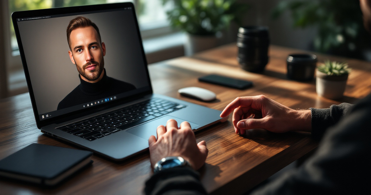 Over-the-shoulder founder workspace comparing a polished AI headshot with an uncanny version