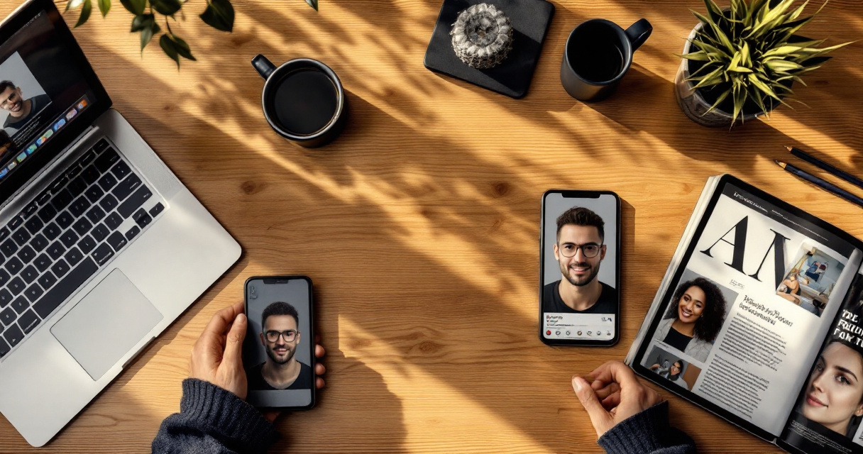 Top-down desk scene showing one consistent AI founder headshot across multiple devices