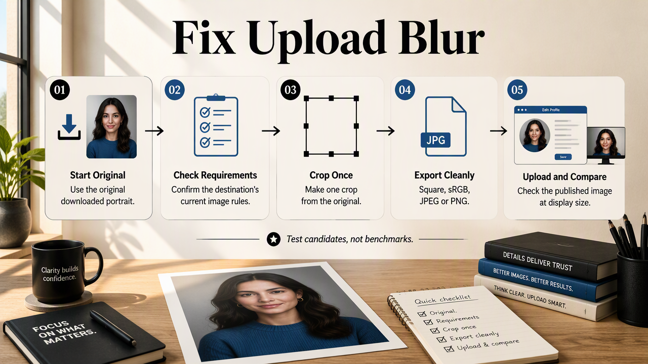 Five-step workflow for exporting and checking an AI profile photo after upload.