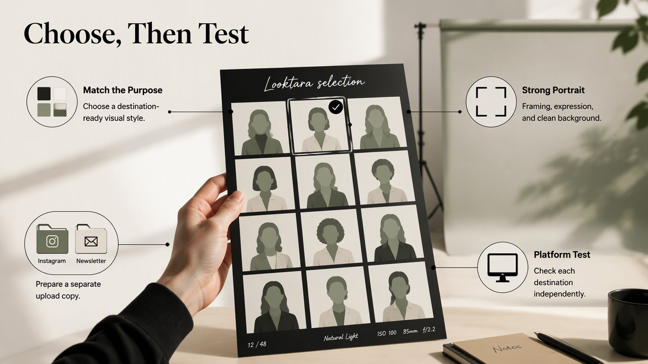 Portrait selection and separate destination testing workflow for professional profile images.
