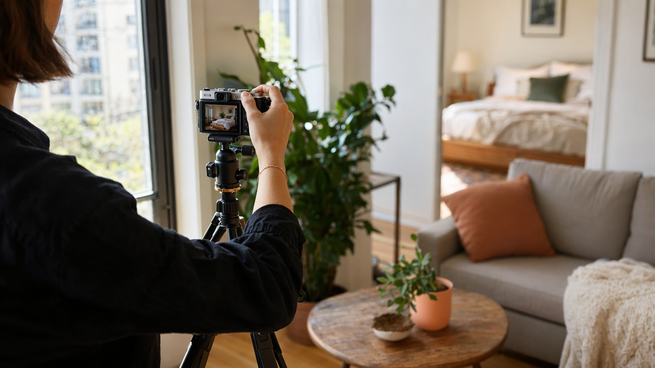 Host preparing a natural-looking Airbnb profile photo in a bright apartment