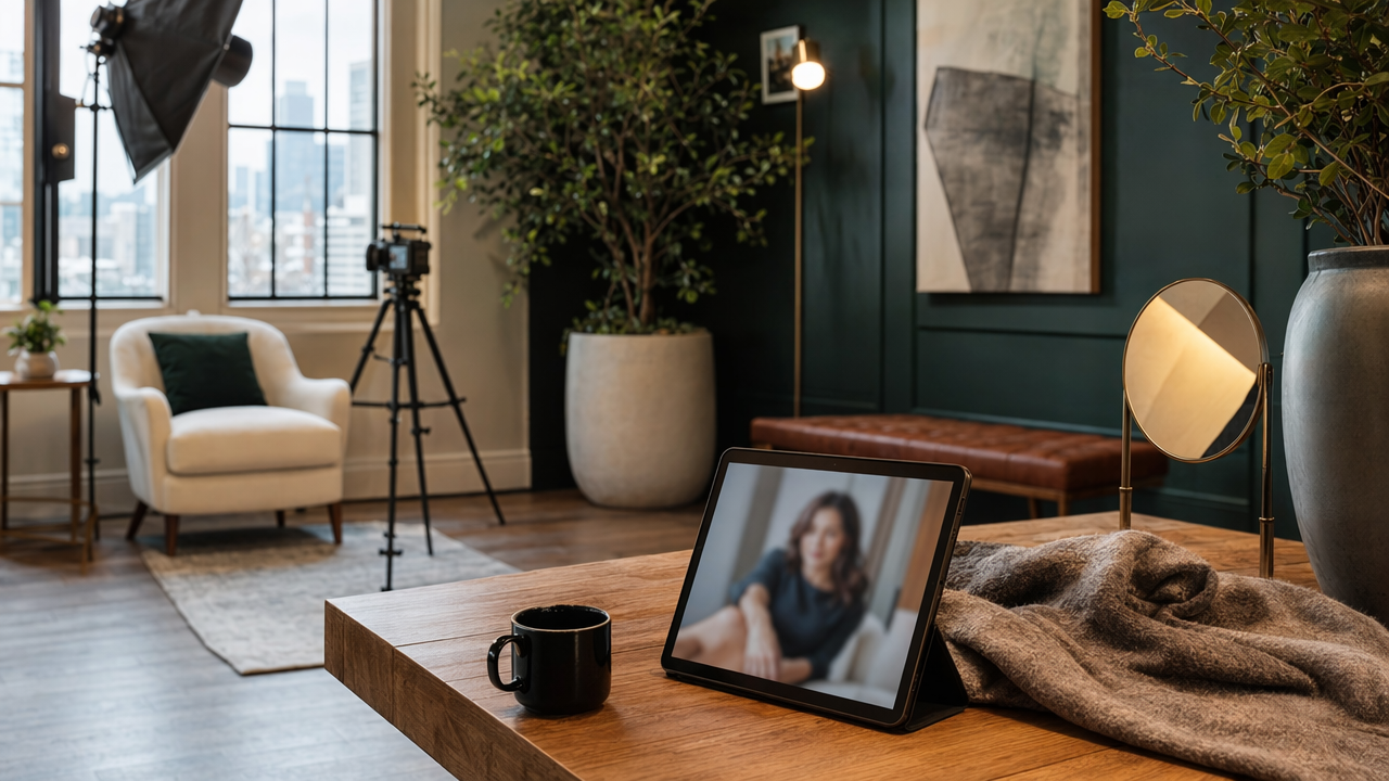Thoughtful host headshot setup in a boutique rental with guided portrait tools