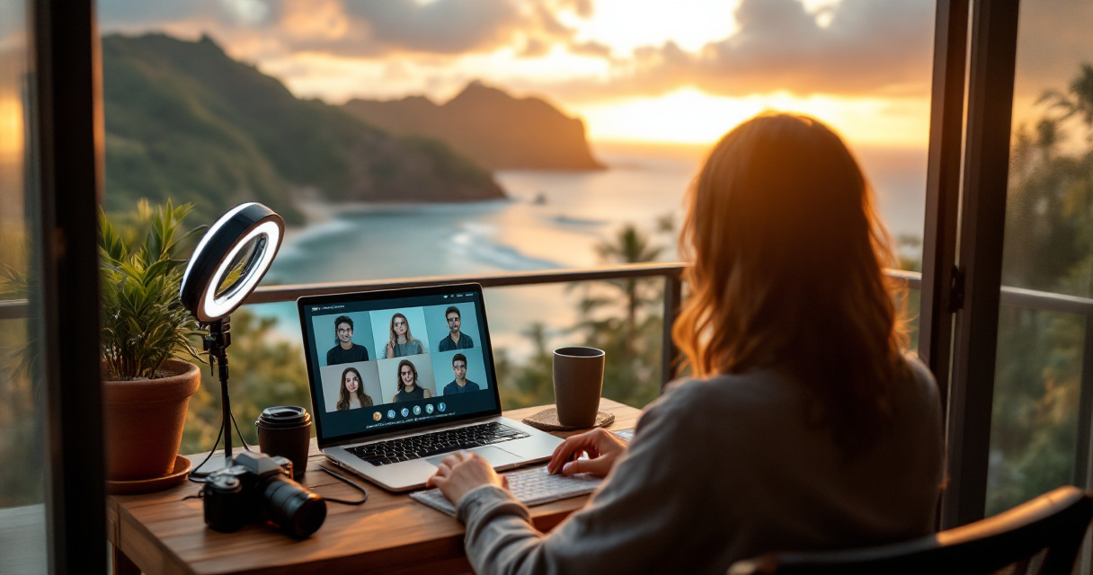 Over‑the‑shoulder digital nomad using AI profile picture generator on laptop at balcony workspace