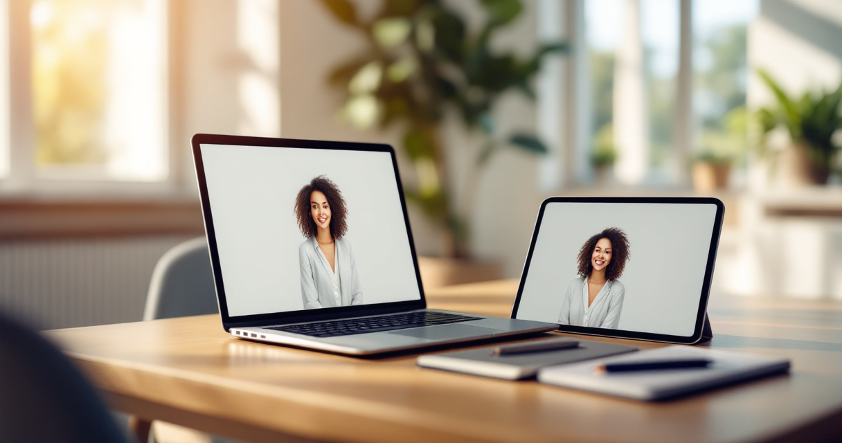 Laptop, tablet, and phone showing consistent AI avatar for digital nomad personal branding