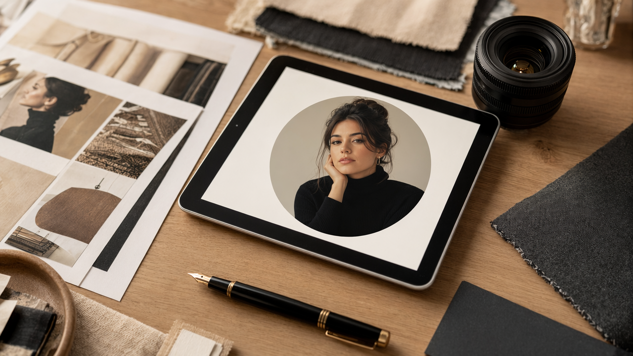 Editorial workspace with portrait mockup and brand materials for Substack profile image planning
