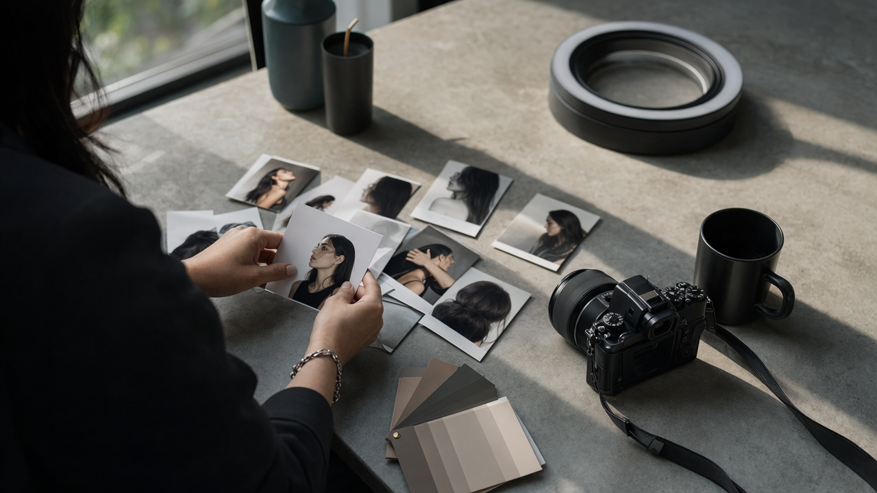 Studio editing scene selecting a polished AI profile image for a newsletter brand