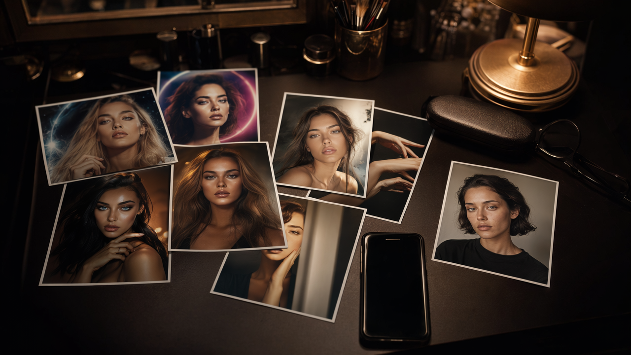 Poor AI avatar examples with overprocessed portraits scattered on a vanity table