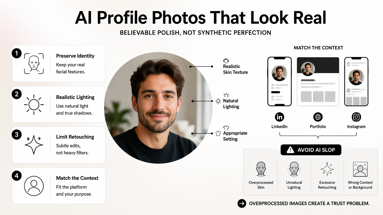 Illustration for How can AI profile photos avoid looking fake?
