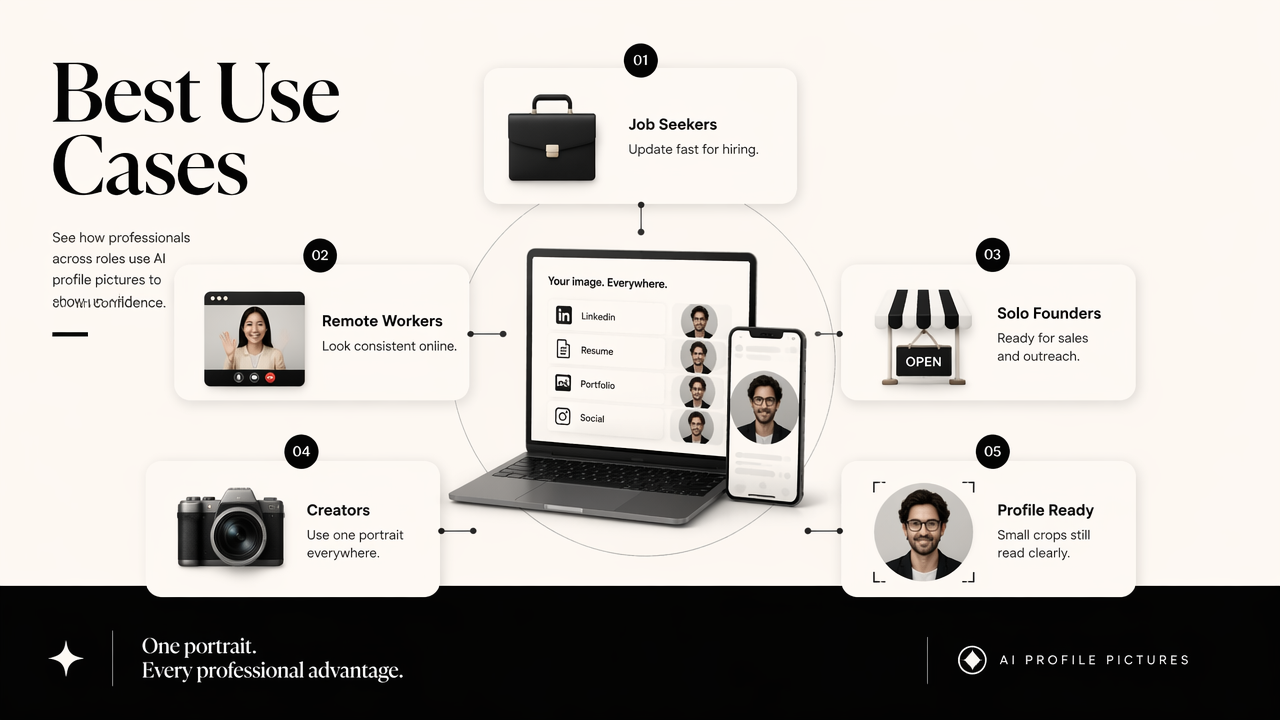 Infographic showing who benefits most from AI professional headshots across platforms.