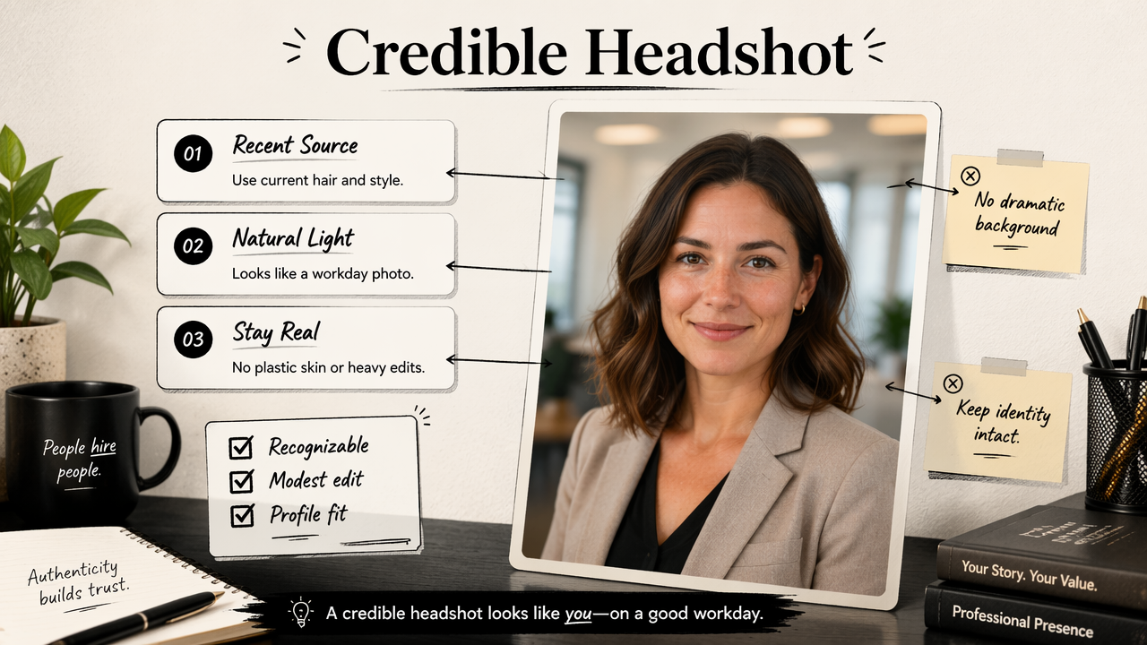 Annotated AI headshot diagram showing realistic lighting, modest editing, and recognizable identity.