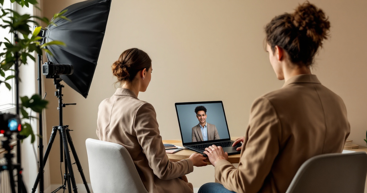 Small business owner prepares trustworthy AI business portrait in a home studio