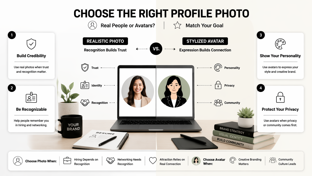 Illustration for When should realistic profile photos or stylized avatars be used?