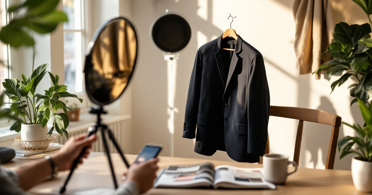 Hands styling a realistic portrait setup with natural light and believable details