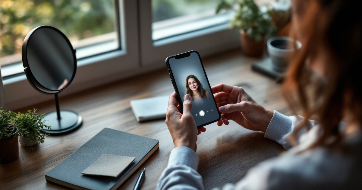 Over‑the‑shoulder scene of hands crafting an AI profile picture idea with smartphone and black notebook