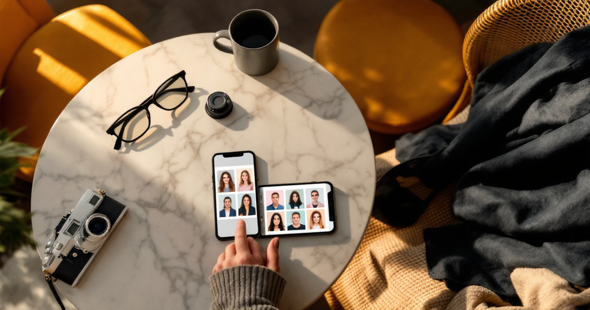 Creative workspace with phone and props representing different AI profile picture styles and personalities