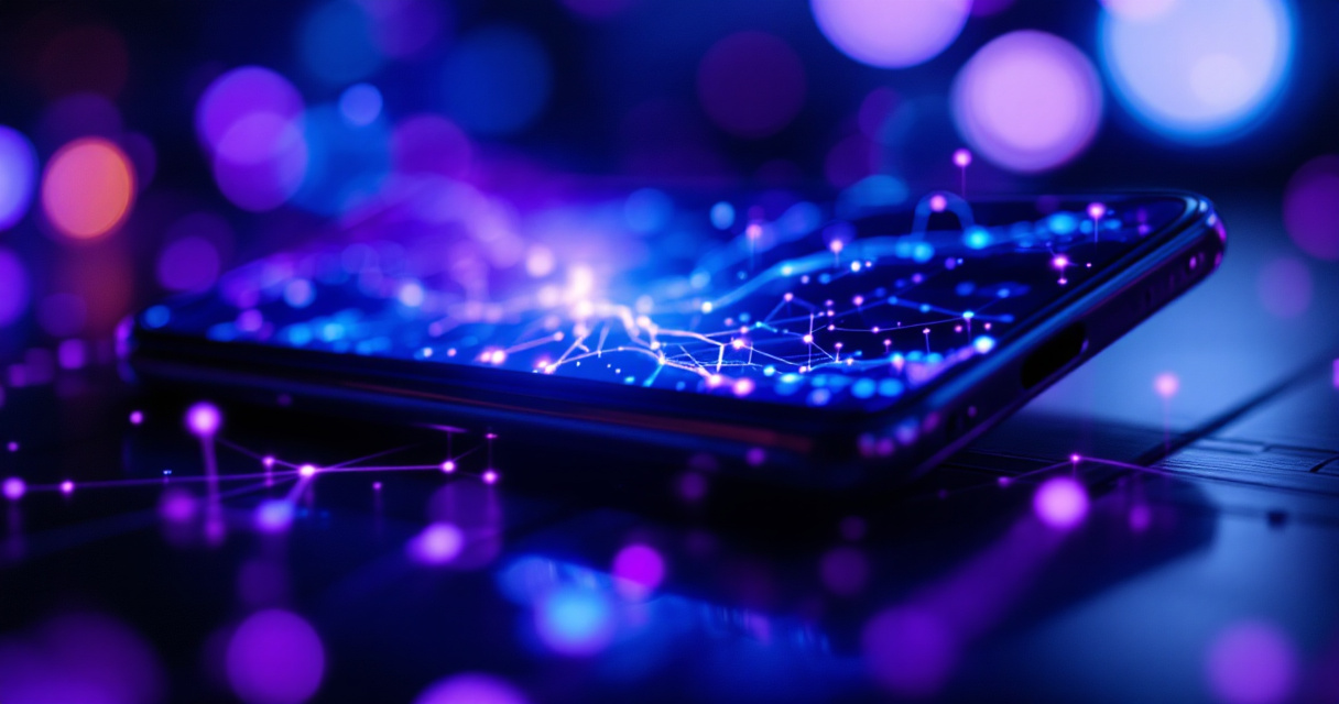 AI neural network visualization on smartphone representing dating photo generation technology