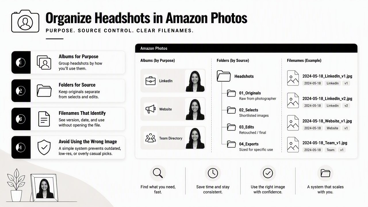 Illustration for How should headshots be organized in Amazon Photos?