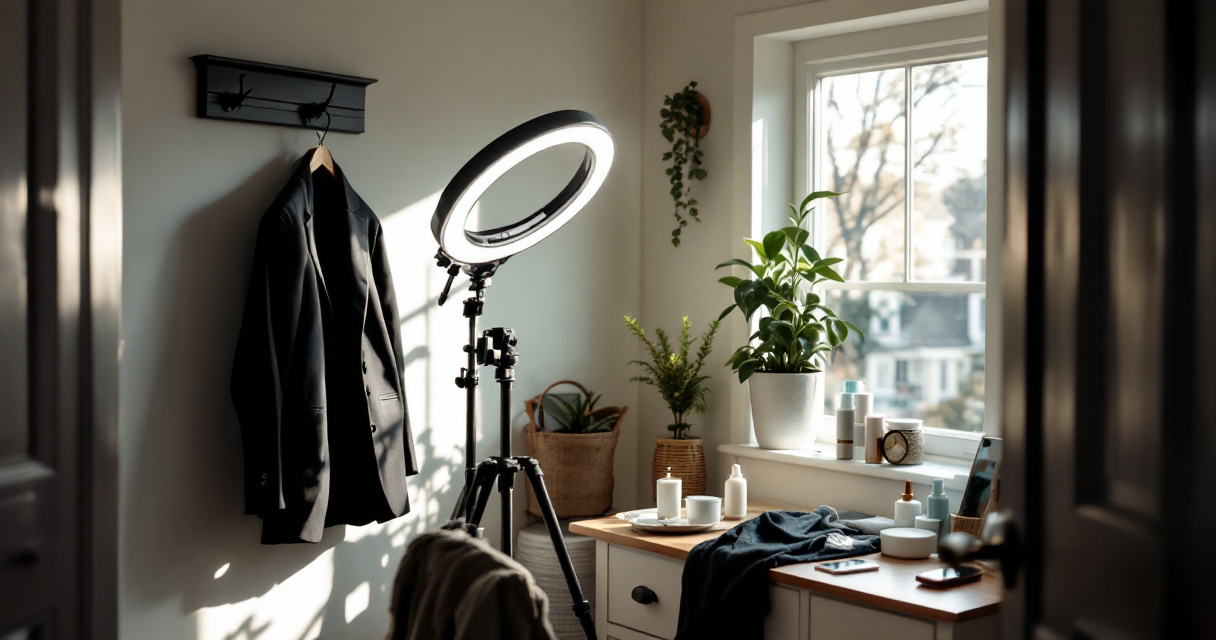 Portrait prep station with outfit, lighting gear, and grooming items for AI headshot workflow