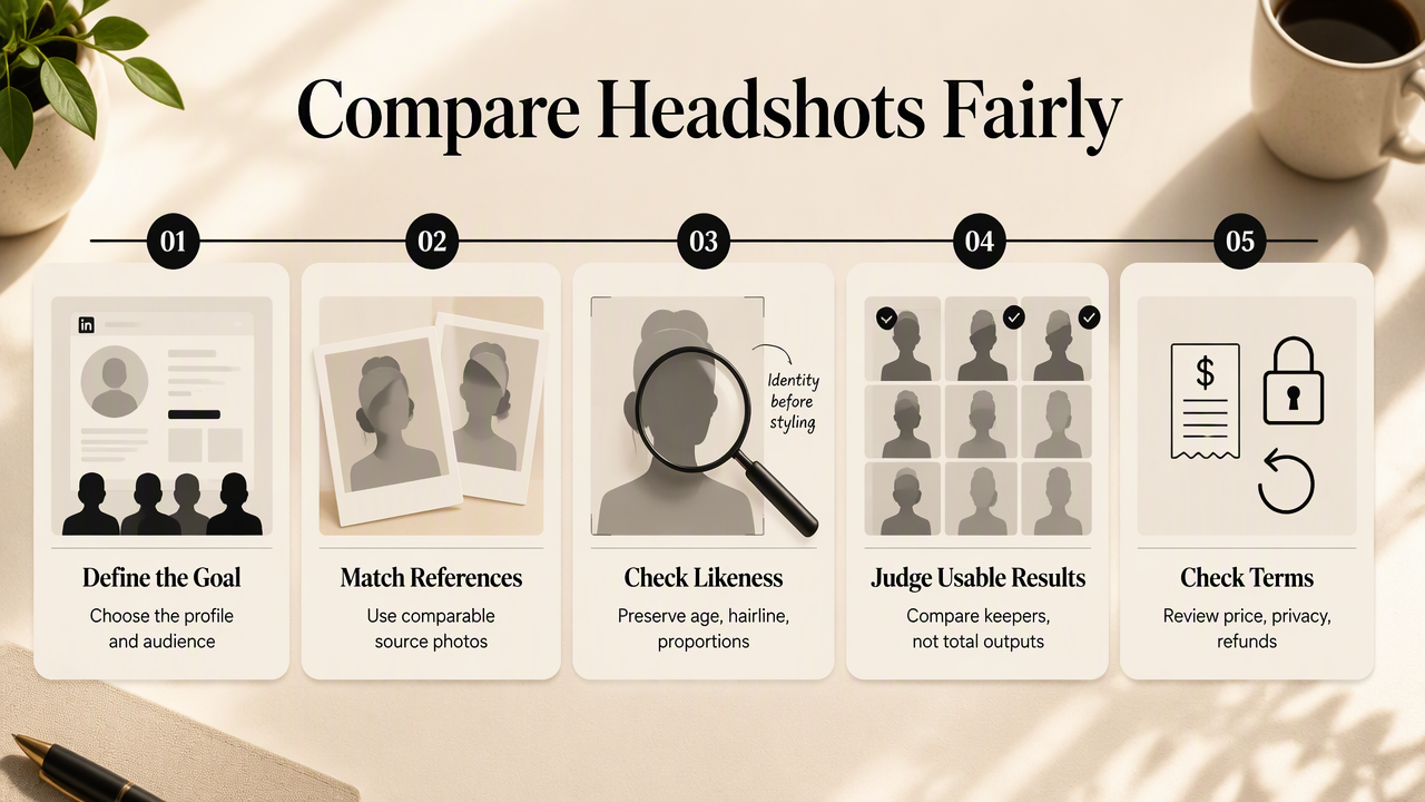 Five-step AI headshot comparison checks likeness, usable portraits, intended audience, privacy, pricing, and refund terms.