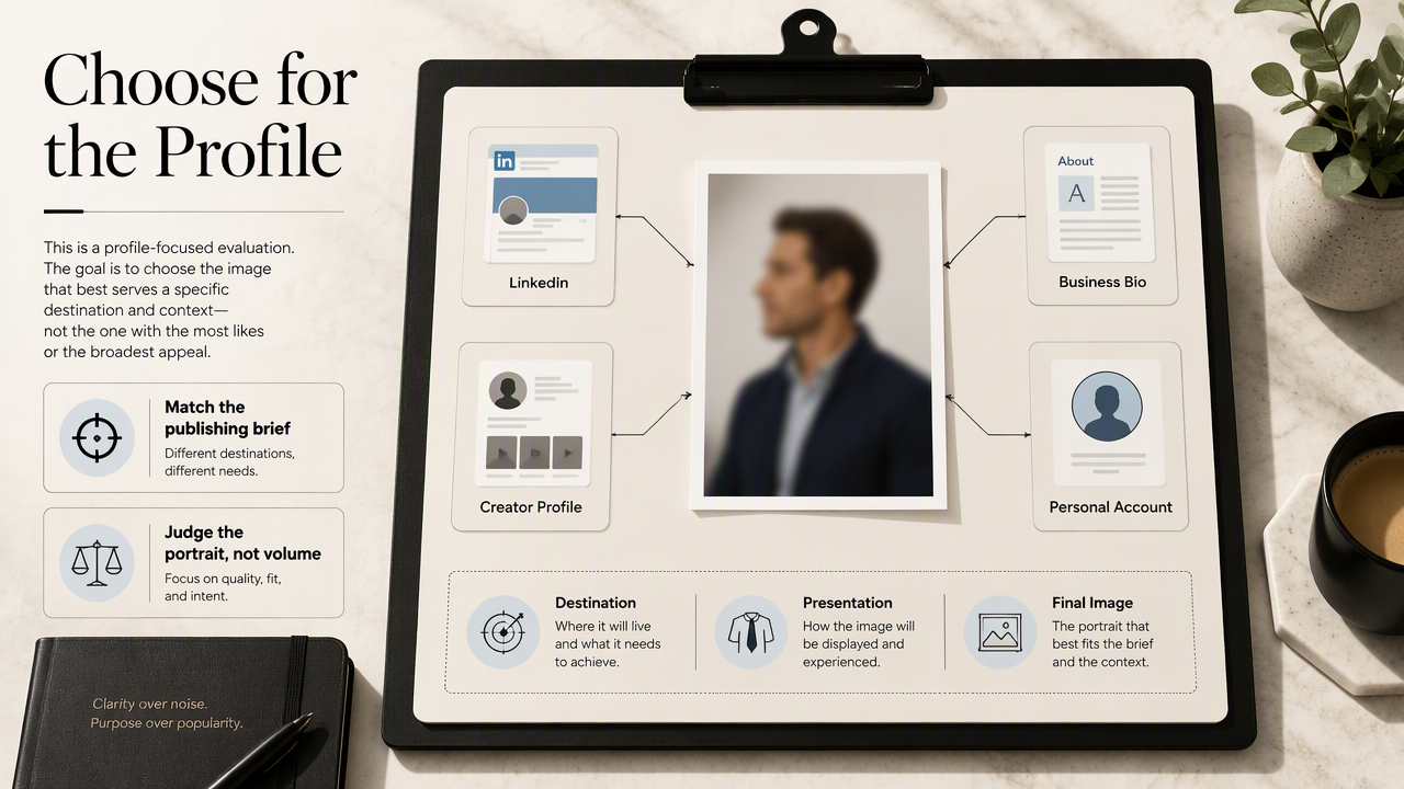 A profile brief connects LinkedIn, business biography, creator, and personal destinations to portrait-focused evaluation.