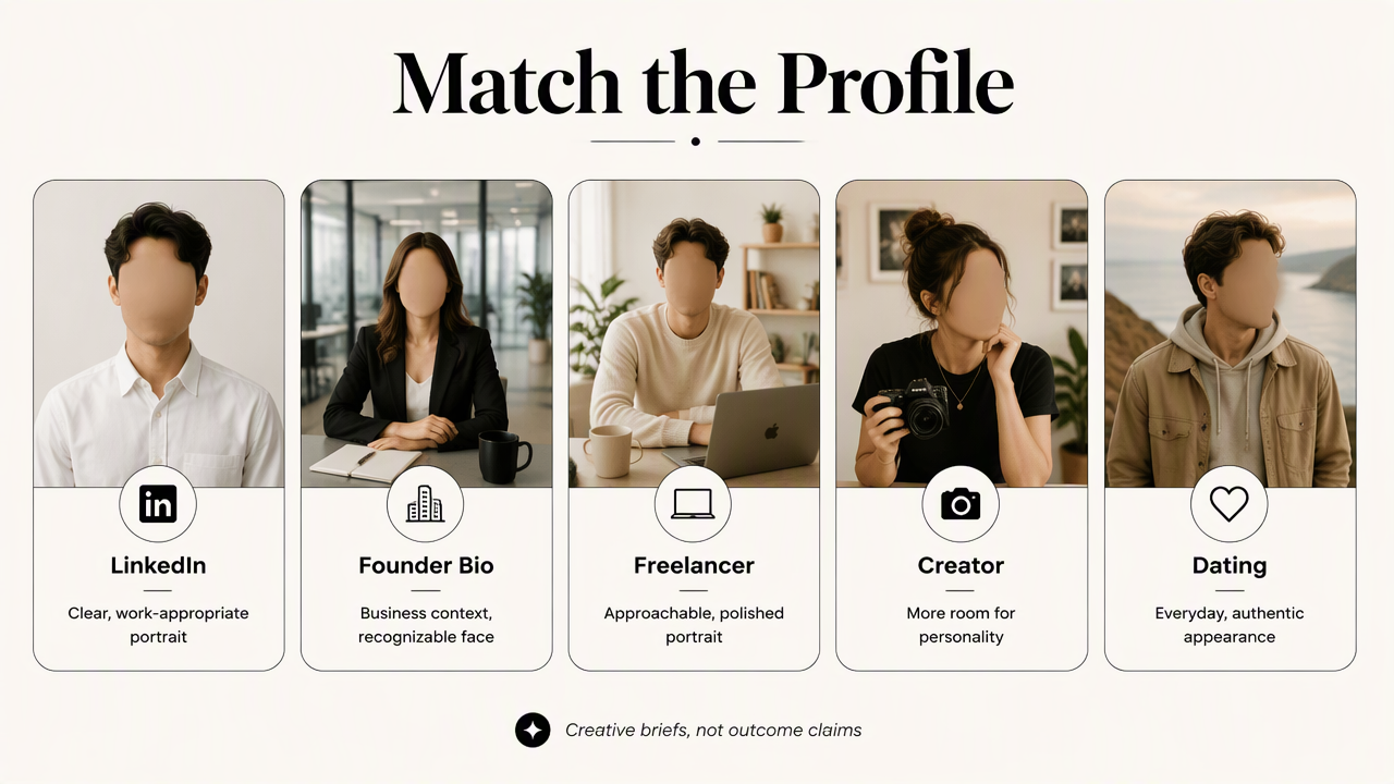 Five portrait styling examples for LinkedIn, founders, freelancers, creators, and dating profiles