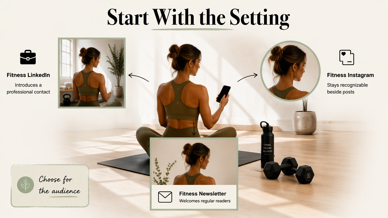 Fitness trainer portrait formats tailored to LinkedIn, Instagram, and newsletter audiences