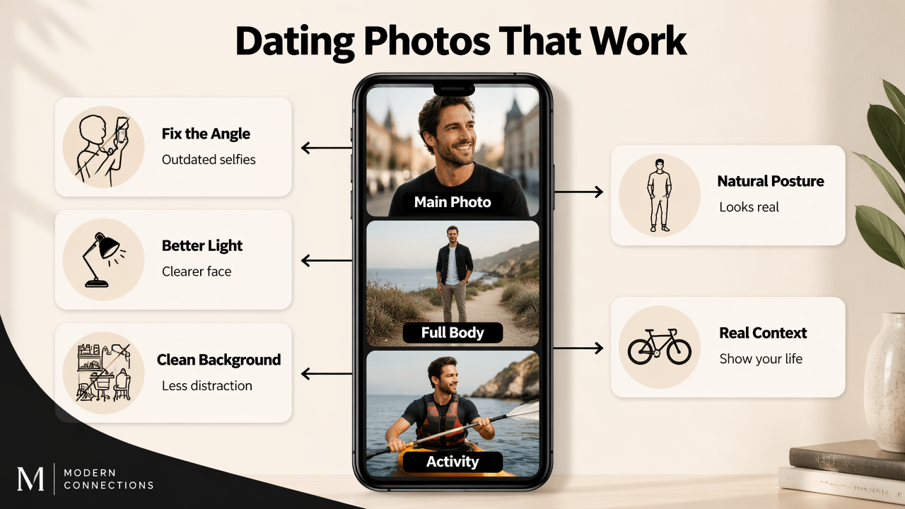 Infographic showing how AI improves dating profile photos with better lighting, variety, and real context.