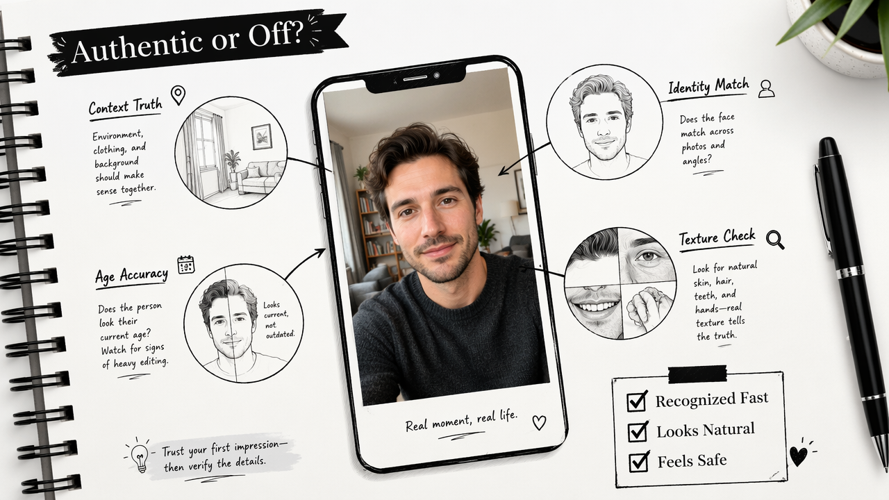 Annotated diagram of the realism checks that make AI dating photos feel authentic.