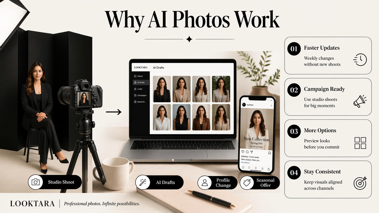 Infographic showing why business owners choose AI photos over repeated photo shoots.