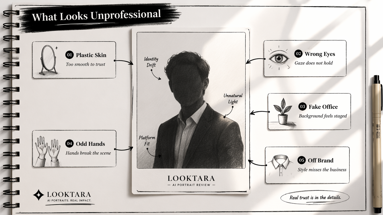 Annotated diagram of common AI business photo mistakes that make portraits look unprofessional.