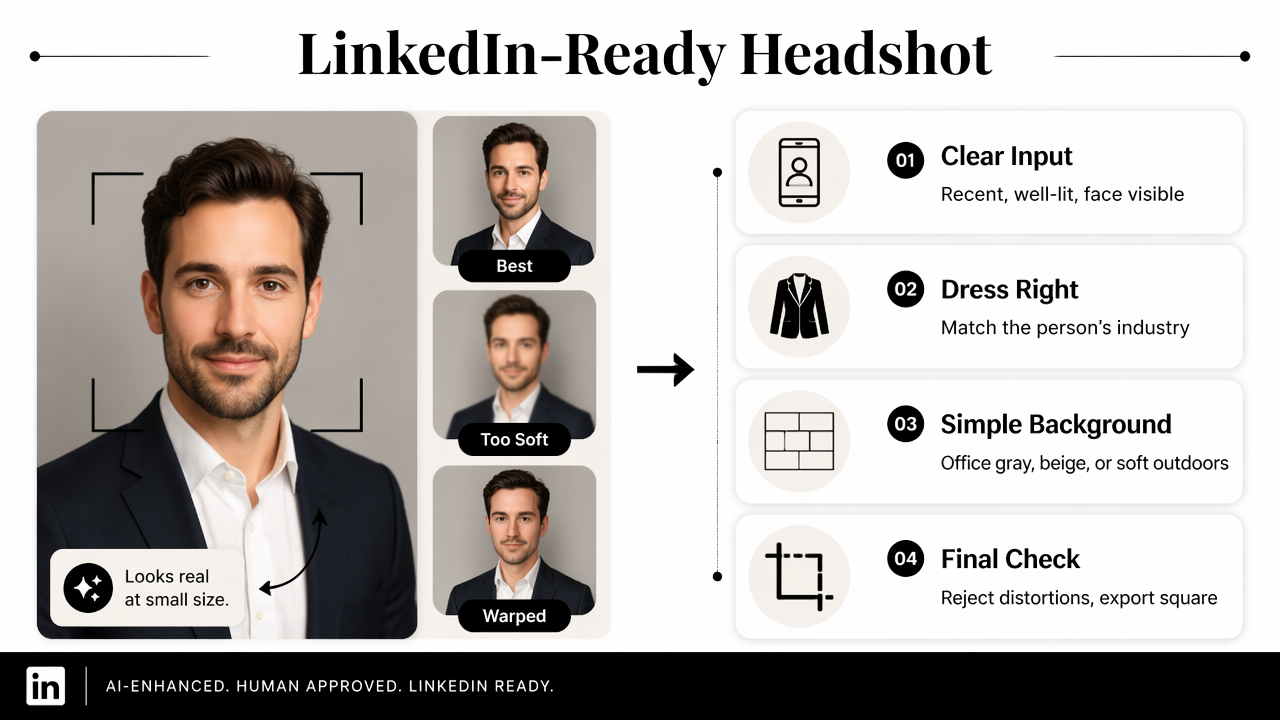 Infographic of steps for creating a LinkedIn-ready AI headshot with clean background and crop.