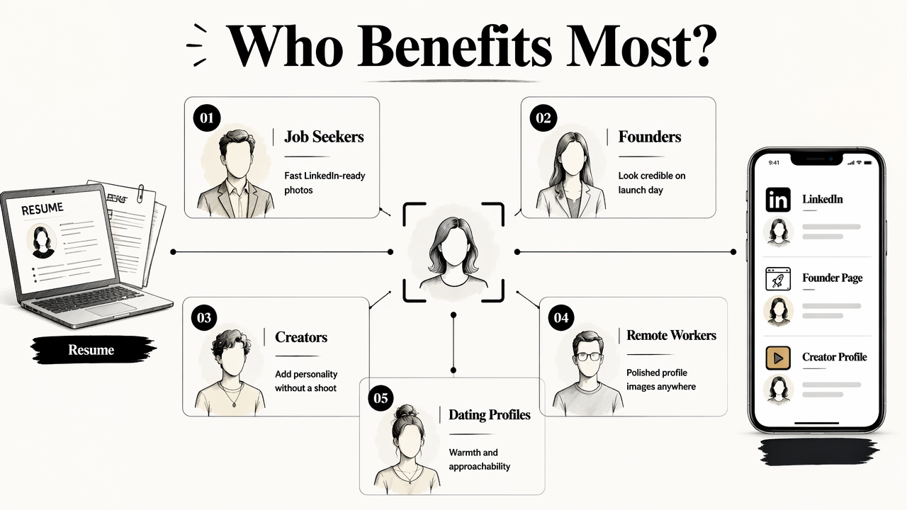 Infographic showing who benefits most from AI professional headshots across different use cases.