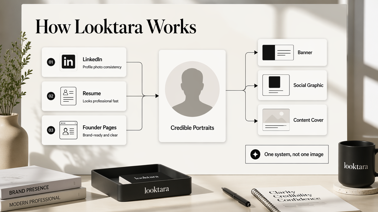 Annotated workflow diagram showing Looktara’s approach to professional AI headshots and matching brand visuals.