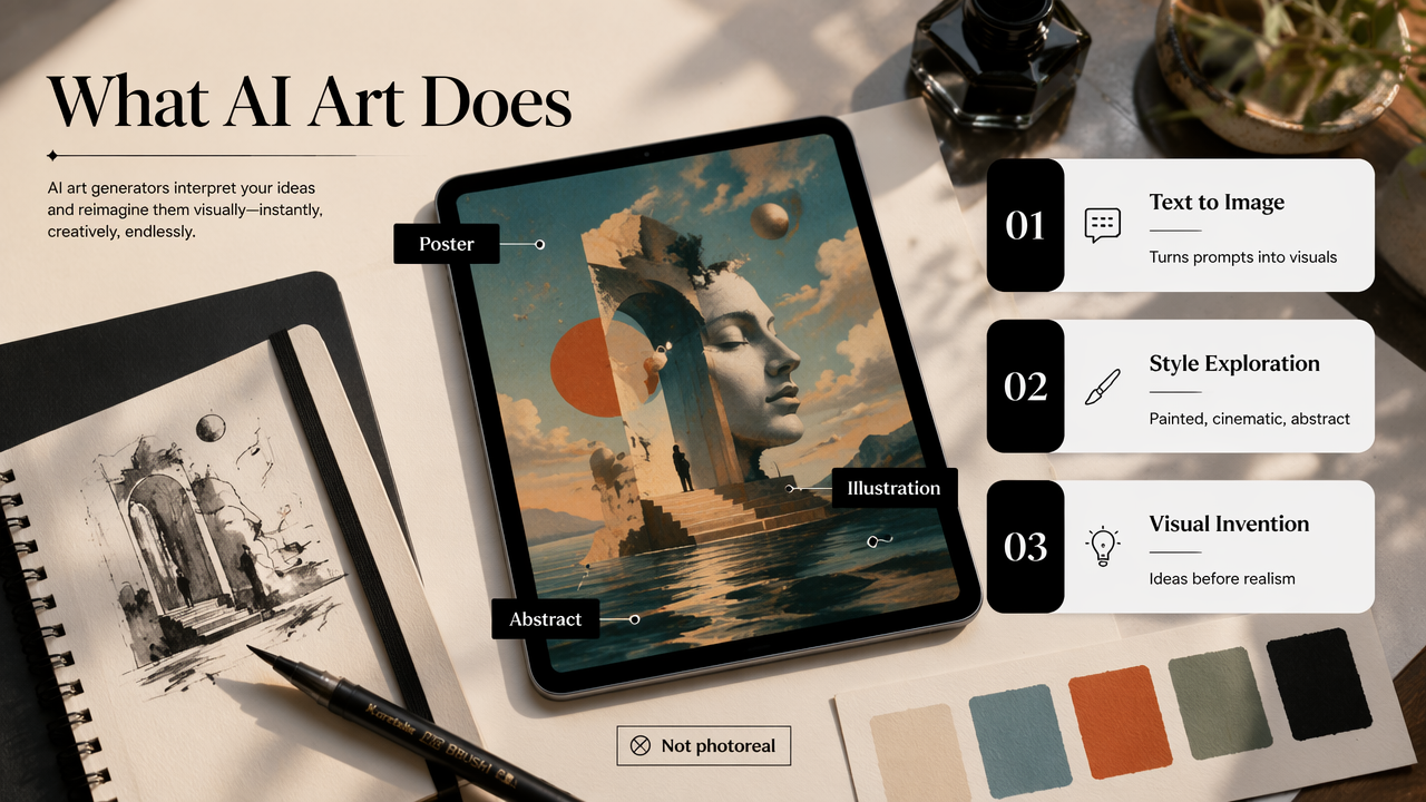 Annotated infographic explaining what an AI art generator creates and how it differs from photography.