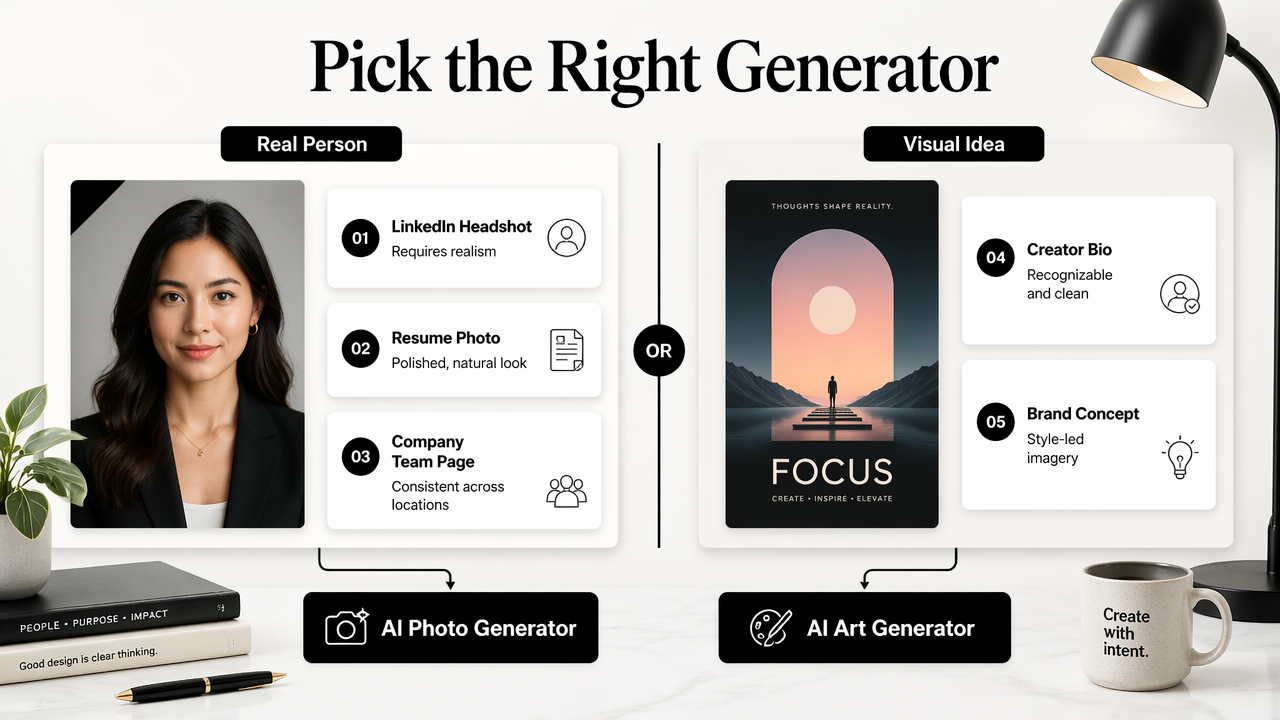 Comparison diagram showing when to use an AI photo generator versus an AI art generator.