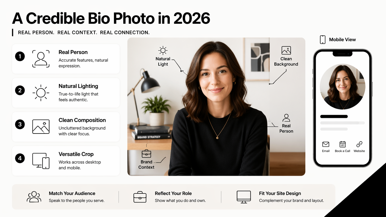 Illustration for What makes a website bio photo credible in 2026?