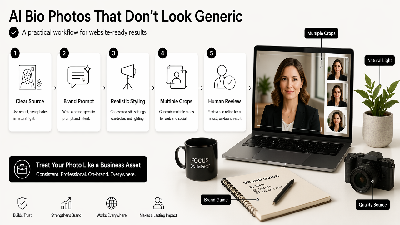 Illustration for How to create website bio photos with AI without looking generic?