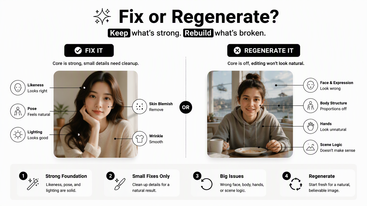Illustration for When should an AI photo be fixed or regenerated?