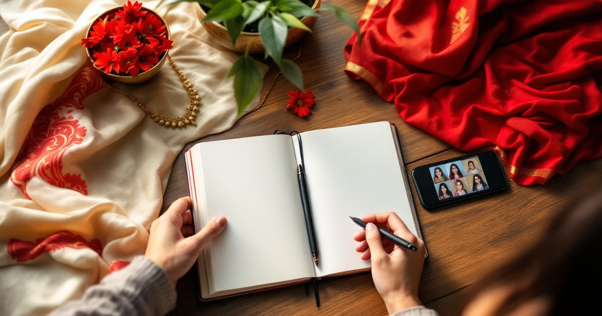 Hands arranging mekhela chador and Assamese jewelry beside phone for AI portrait prompt inspiration