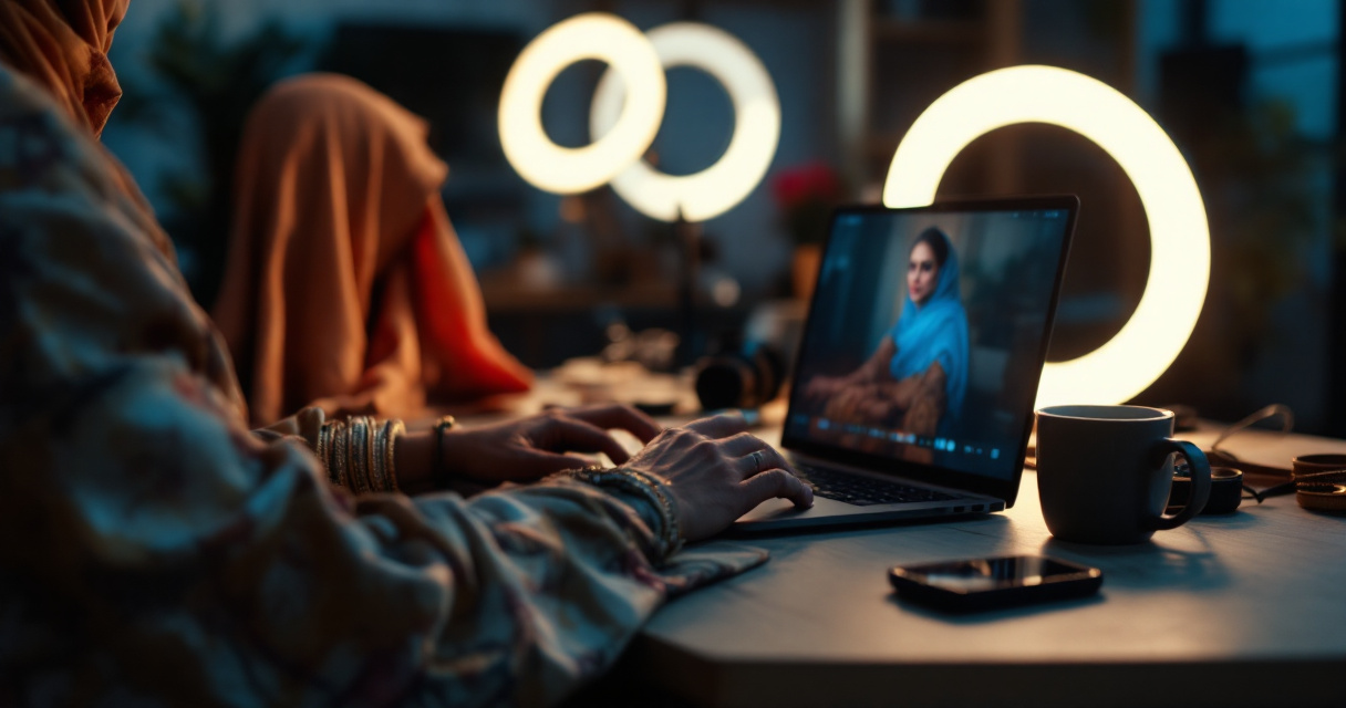 Over-the-shoulder view of laptop creating Assamese traditional AI portrait with mekhela chador nearby